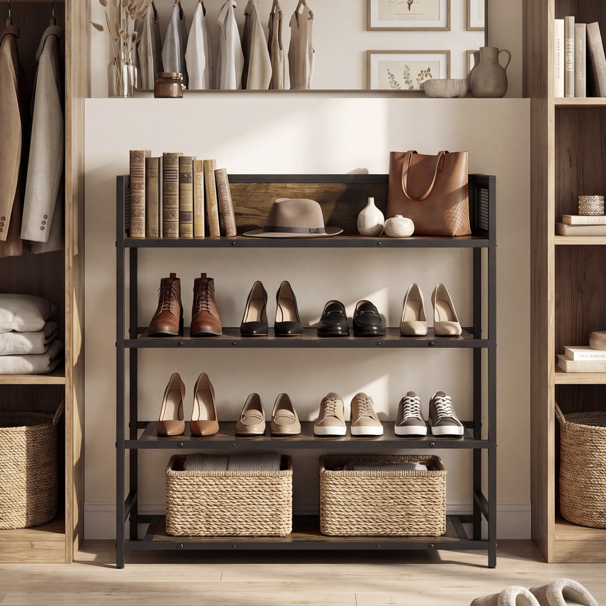 4-Tier Shoe Rack Industrial Shoe Organizer with Heavy Duty Metal Frame-Rustic Brown