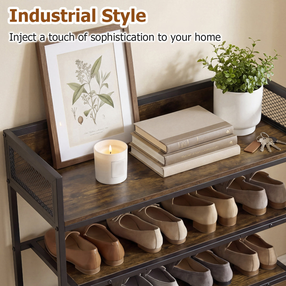 4-Tier Shoe Rack Industrial Shoe Organizer with Heavy Duty Metal Frame-Rustic Brown