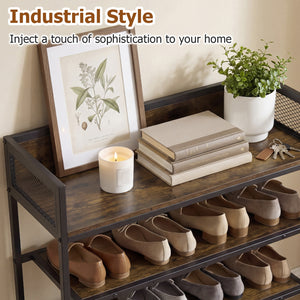 4-Tier Shoe Rack Industrial Shoe Organizer with Heavy Duty Metal Frame-Rustic Brown