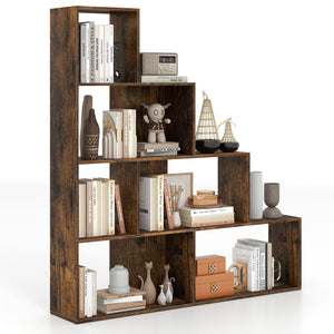 4-Tier Stepped Bookshelf Freestanding Ladder Storage Shelf with 6 Cubes-Rustic Brown