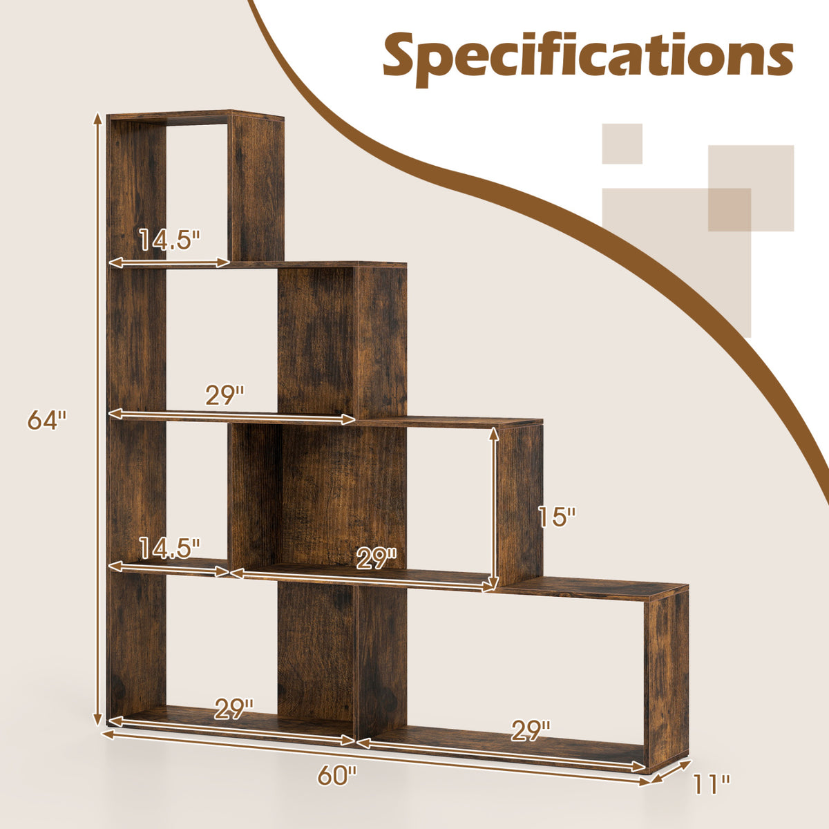 4-Tier Stepped Bookshelf Freestanding Ladder Storage Shelf with 6 Cubes-Rustic Brown