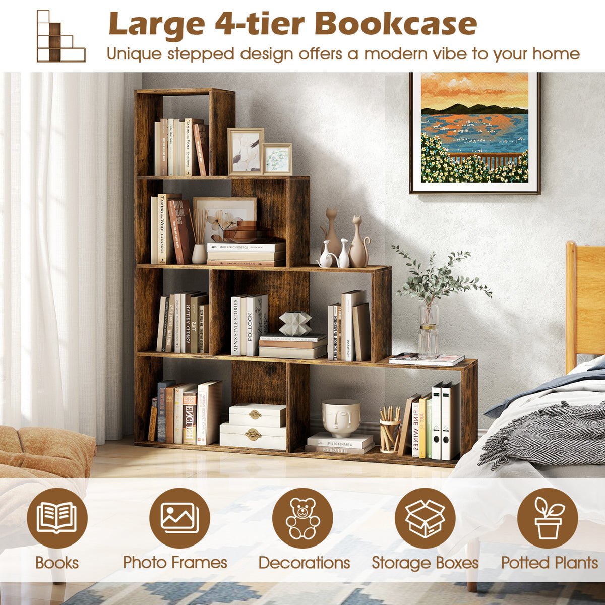 4-Tier Stepped Bookshelf Freestanding Ladder Storage Shelf with 6 Cubes-Rustic Brown