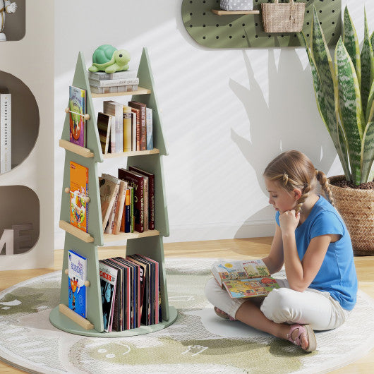 4 Tier Tree Shape Kids Rotating Bookshelf 360 ° Display Rack Storage Organizer-Green