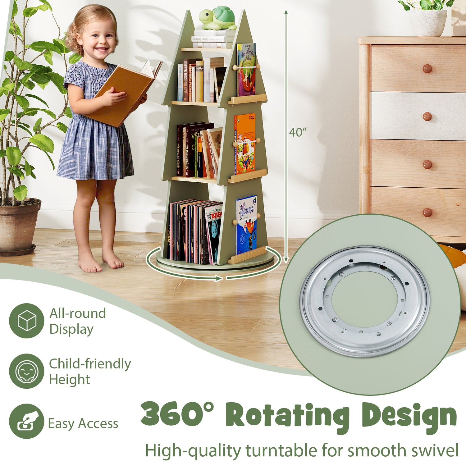 4 Tier Tree Shape Kids Rotating Bookshelf 360 ° Display Rack Storage Organizer-Green