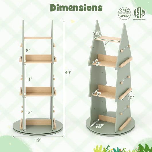 4 Tier Tree Shape Kids Rotating Bookshelf 360 ° Display Rack Storage Organizer-Green