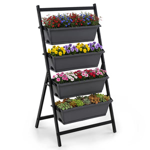 4-Tier Vertical Raised Garden Bed with 4 Containers and Drainage Holes-Black
