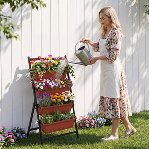 4-Tier Vertical Raised Garden Bed with Drainage Holes and 4 Containers-Red