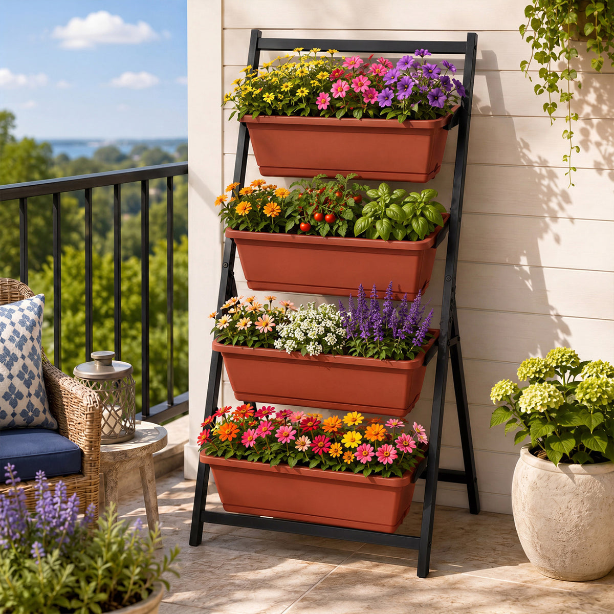 4-Tier Vertical Raised Garden Bed with Drainage Holes and 4 Containers-Red