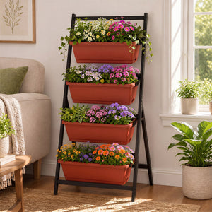 4-Tier Vertical Raised Garden Bed with Drainage Holes and 4 Containers-Red