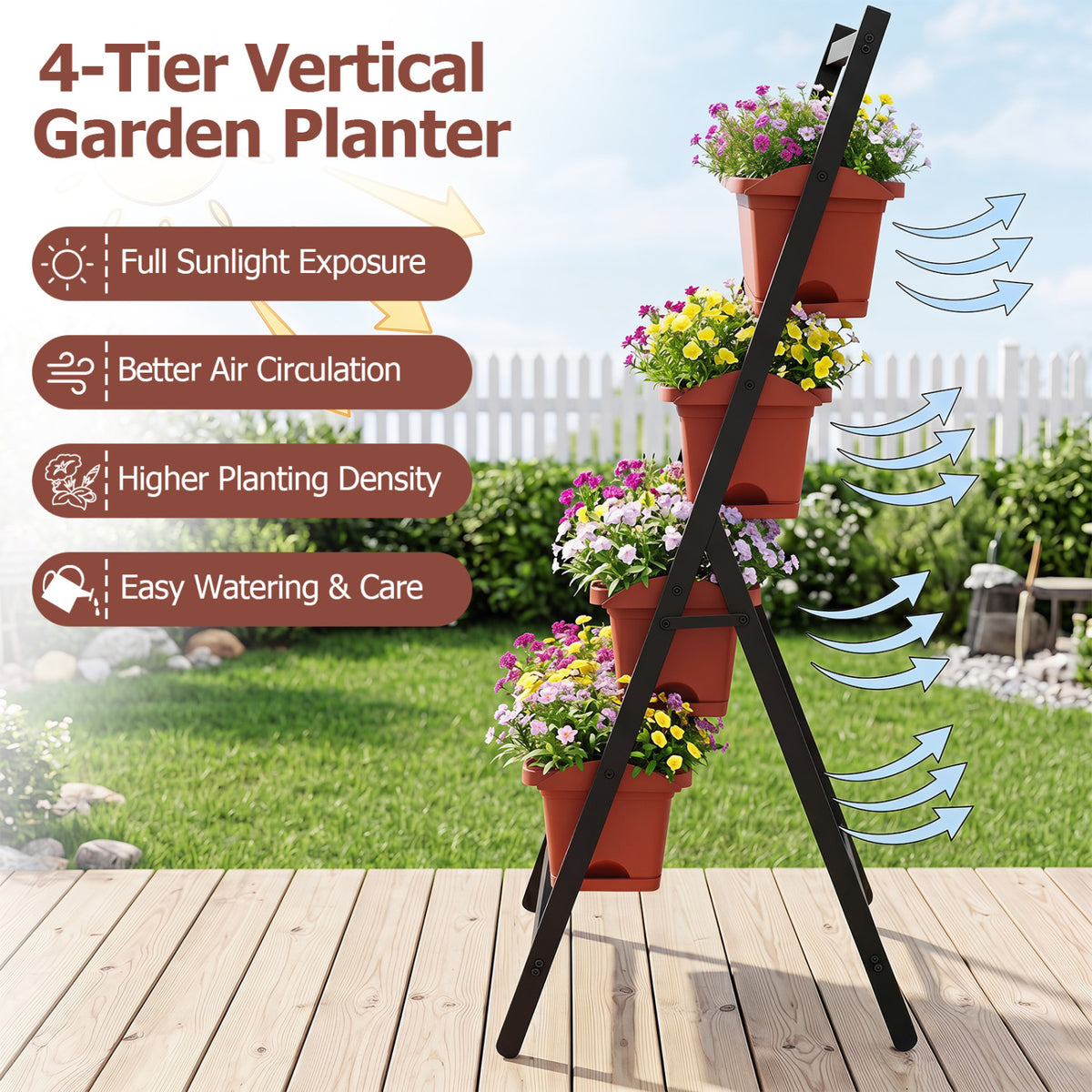 4-Tier Vertical Raised Garden Bed with Drainage Holes and 4 Containers-Red
