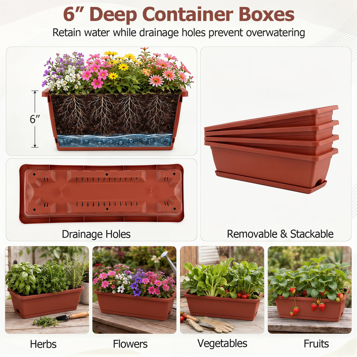 4-Tier Vertical Raised Garden Bed with Drainage Holes and 4 Containers-Red