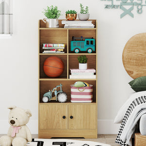 4 Tiers Bookshelf with 4 Cubes Display Shelf and 2 Doors-Natural