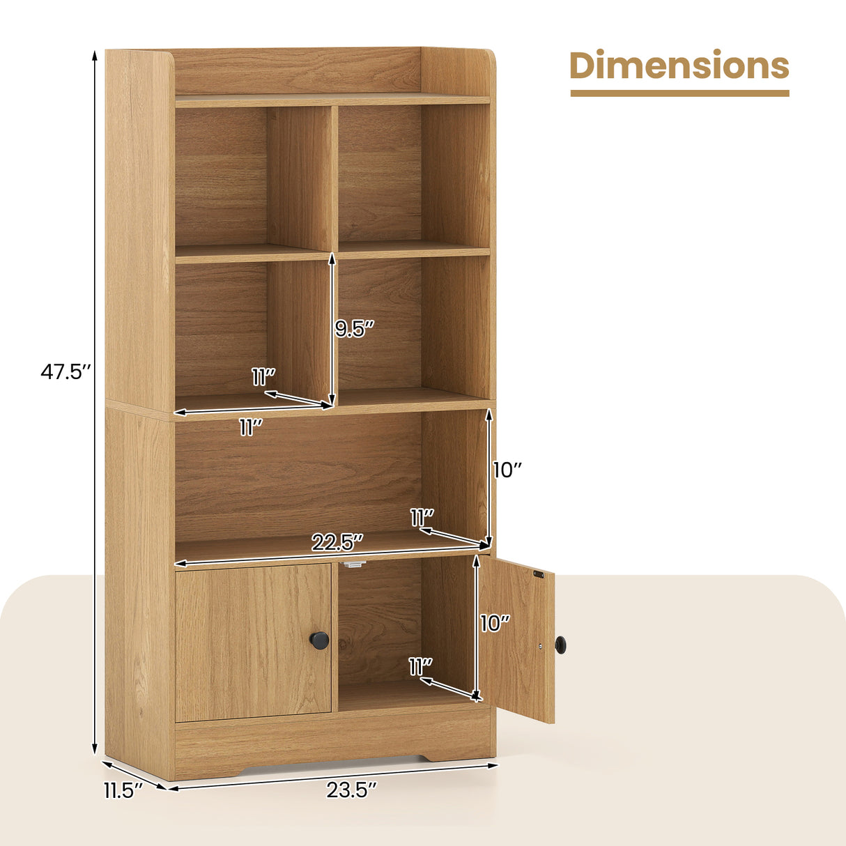 4 Tiers Bookshelf with 4 Cubes Display Shelf and 2 Doors-Natural