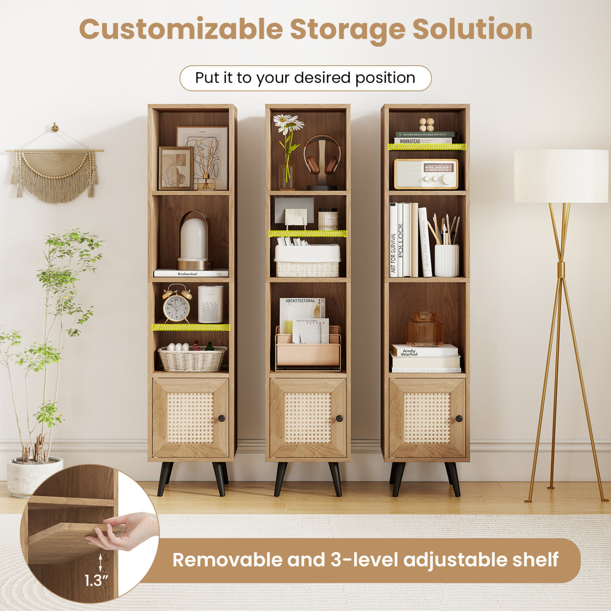 4 Tiers Rattan Storage Cabinet with Slim Design-Natural