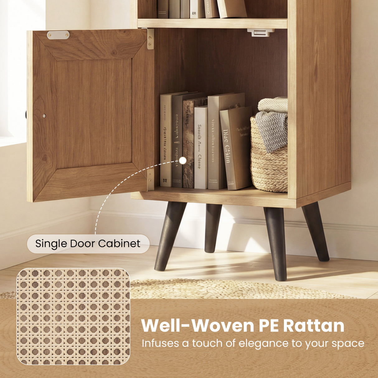 4 Tiers Rattan Storage Cabinet with Slim Design-Natural