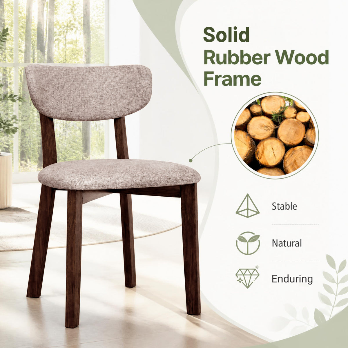 4 Upholstered Chairs with Solid Rubber Wood Frame and Curved Backrest for Dining Room-Brown