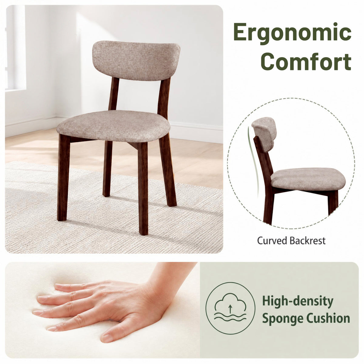 4 Upholstered Chairs with Solid Rubber Wood Frame and Curved Backrest for Dining Room-Brown