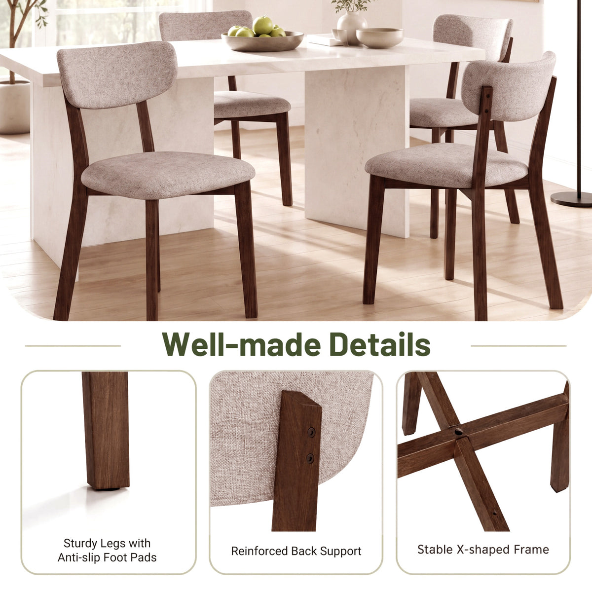 4 Upholstered Chairs with Solid Rubber Wood Frame and Curved Backrest for Dining Room-Brown
