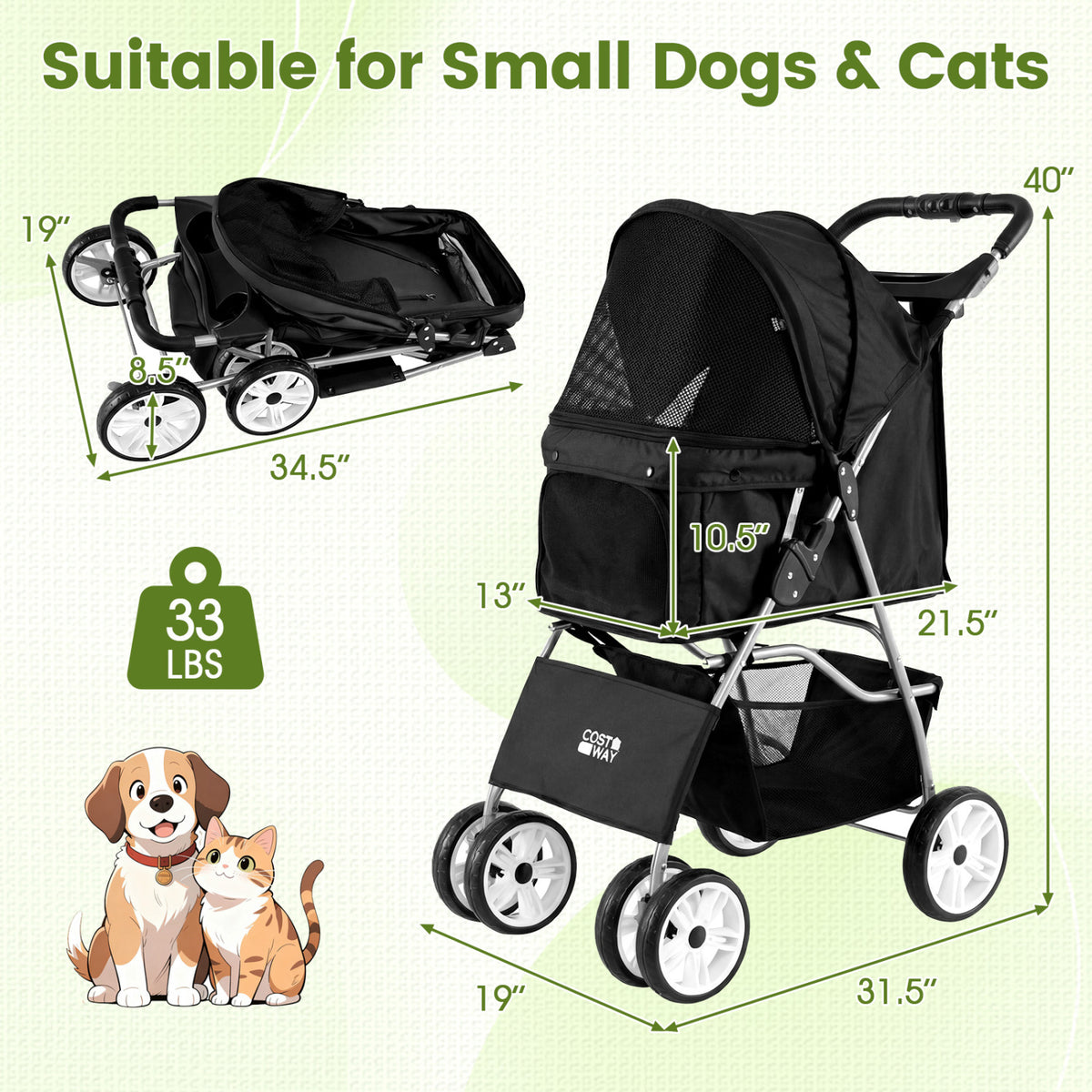 4 Wheel Pet Stroller for Small Dogs Cats up to 33 LBS-Black