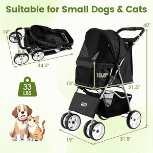 4 Wheel Pet Stroller for Small Dogs Cats up to 33 LBS-Black