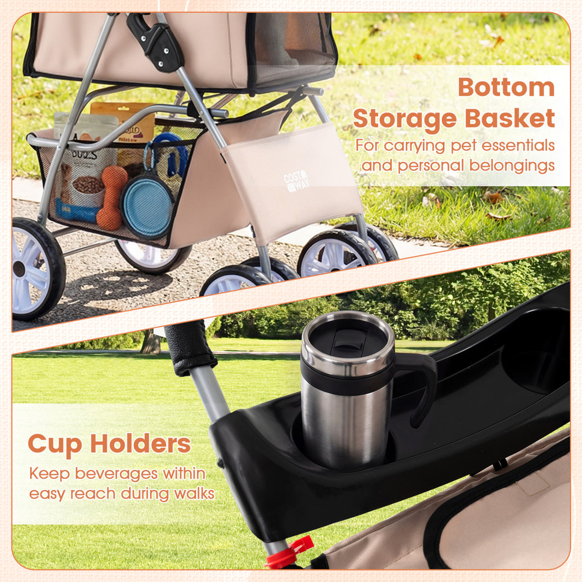 4 Wheel Pet Stroller for Small Dogs Cats up to 33 LBS-Beige