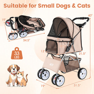 4 Wheel Pet Stroller for Small Dogs Cats up to 33 LBS-Beige