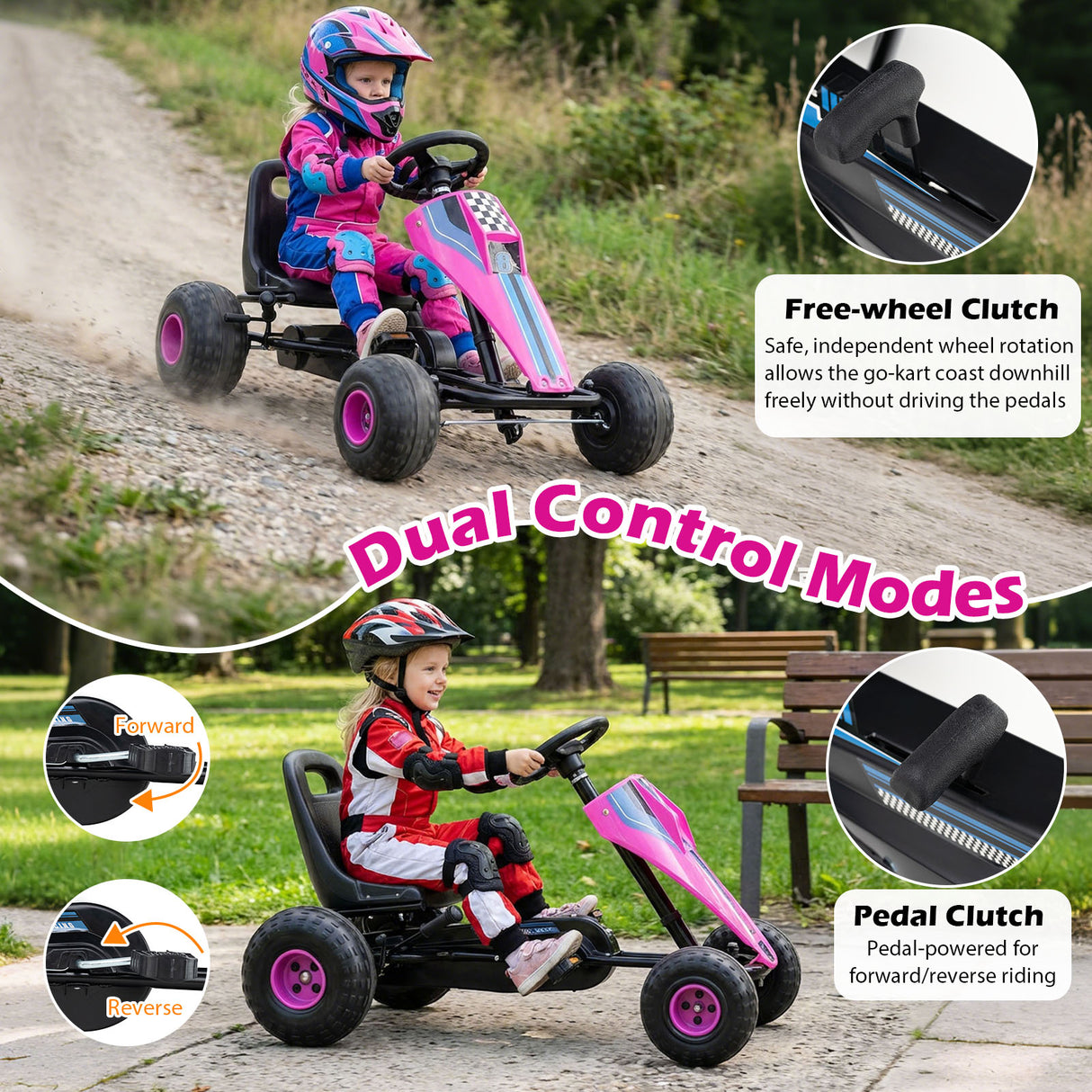 4-Wheel Ride On Toy Pedal Go Kart for Kids with Steering Wheel and Safe Handbrake-Pink