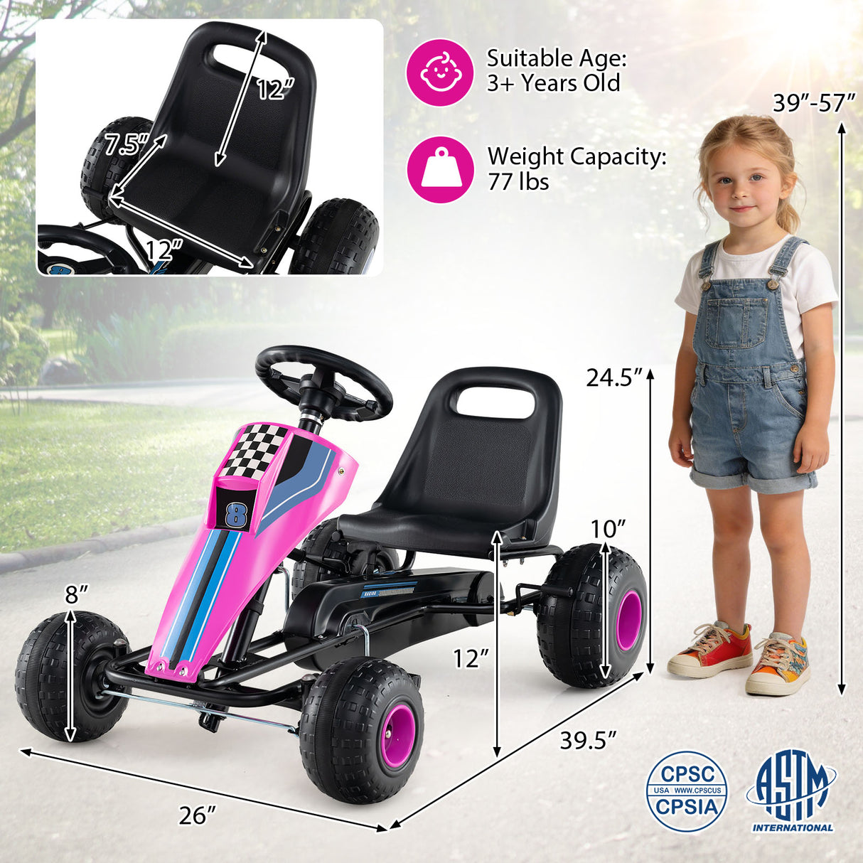 4-Wheel Ride On Toy Pedal Go Kart for Kids with Steering Wheel and Safe Handbrake-Pink