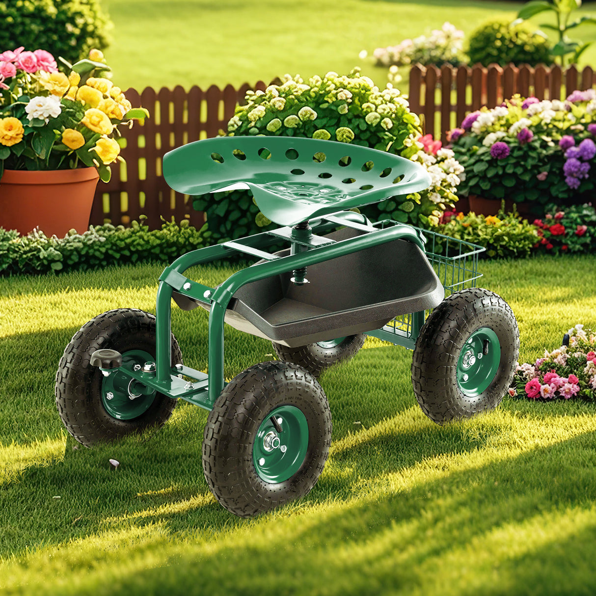 4-Wheel Rolling Garden Cart Work Seat-Green