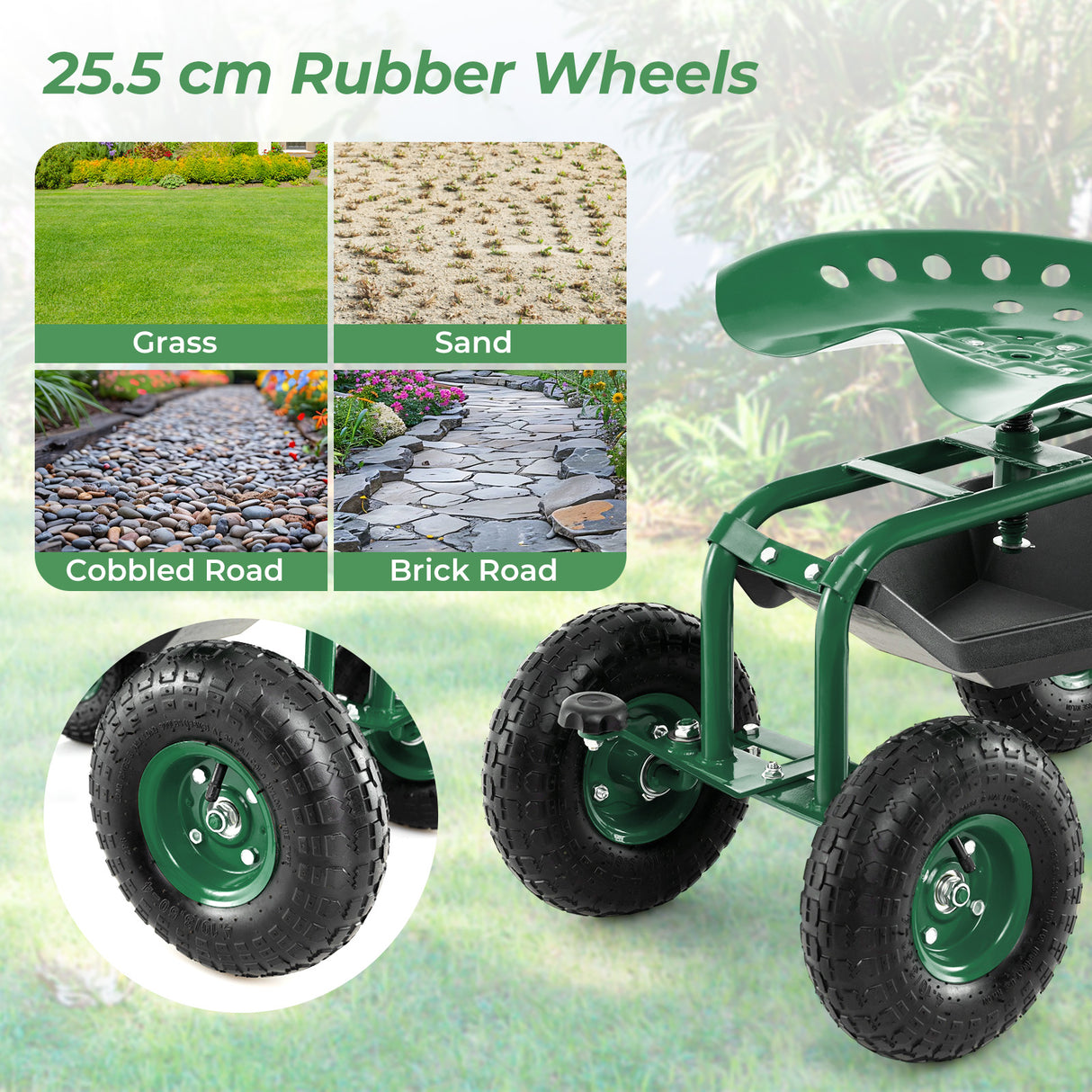 4-Wheel Rolling Garden Cart Work Seat-Green