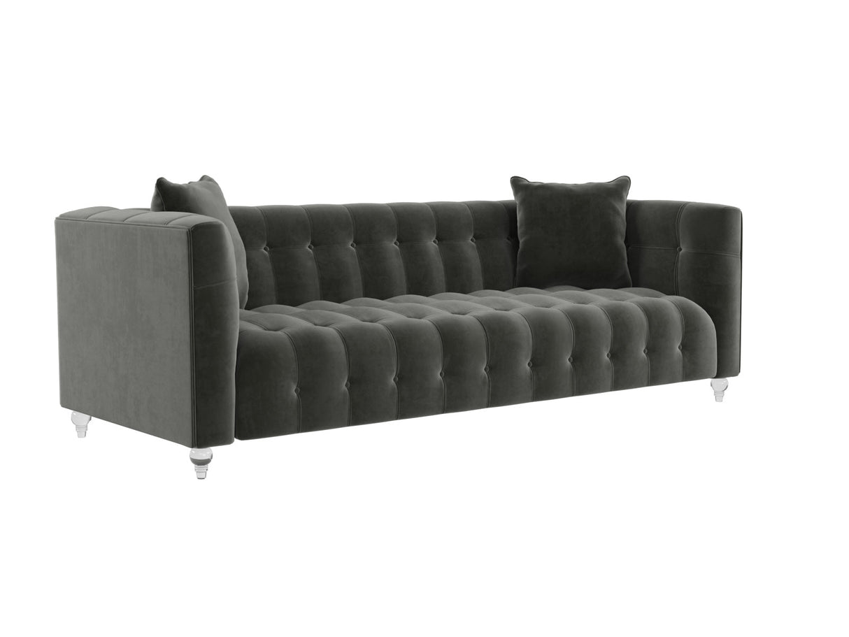 Introducing the Bea Velvet Tufted Sofa, a grey velvet masterpiece featuring a classic design with two cushions. This sofa boasts a long, plush seat and backrest adorned with elegant button detailing. It stands on short, cylindrical legs in a contrasting light color for added style.