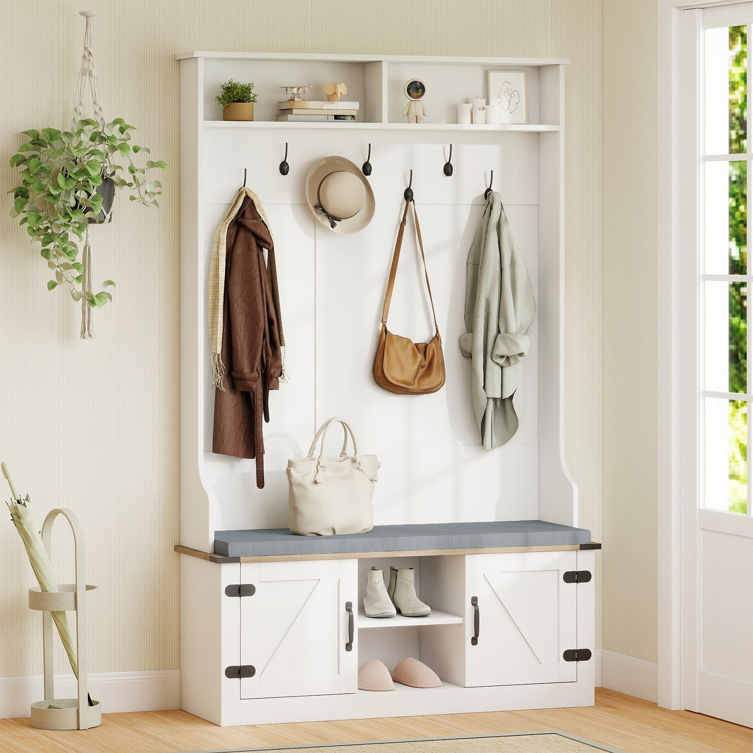 4-in-1 68.5 Inch Tall Coat Rack with Cushioned Bench and Shoe Storage-White