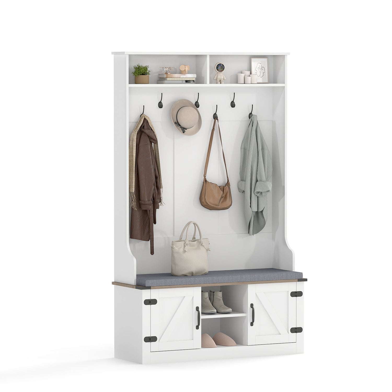 4-in-1 68.5 Inch Tall Coat Rack with Cushioned Bench and Shoe Storage-White