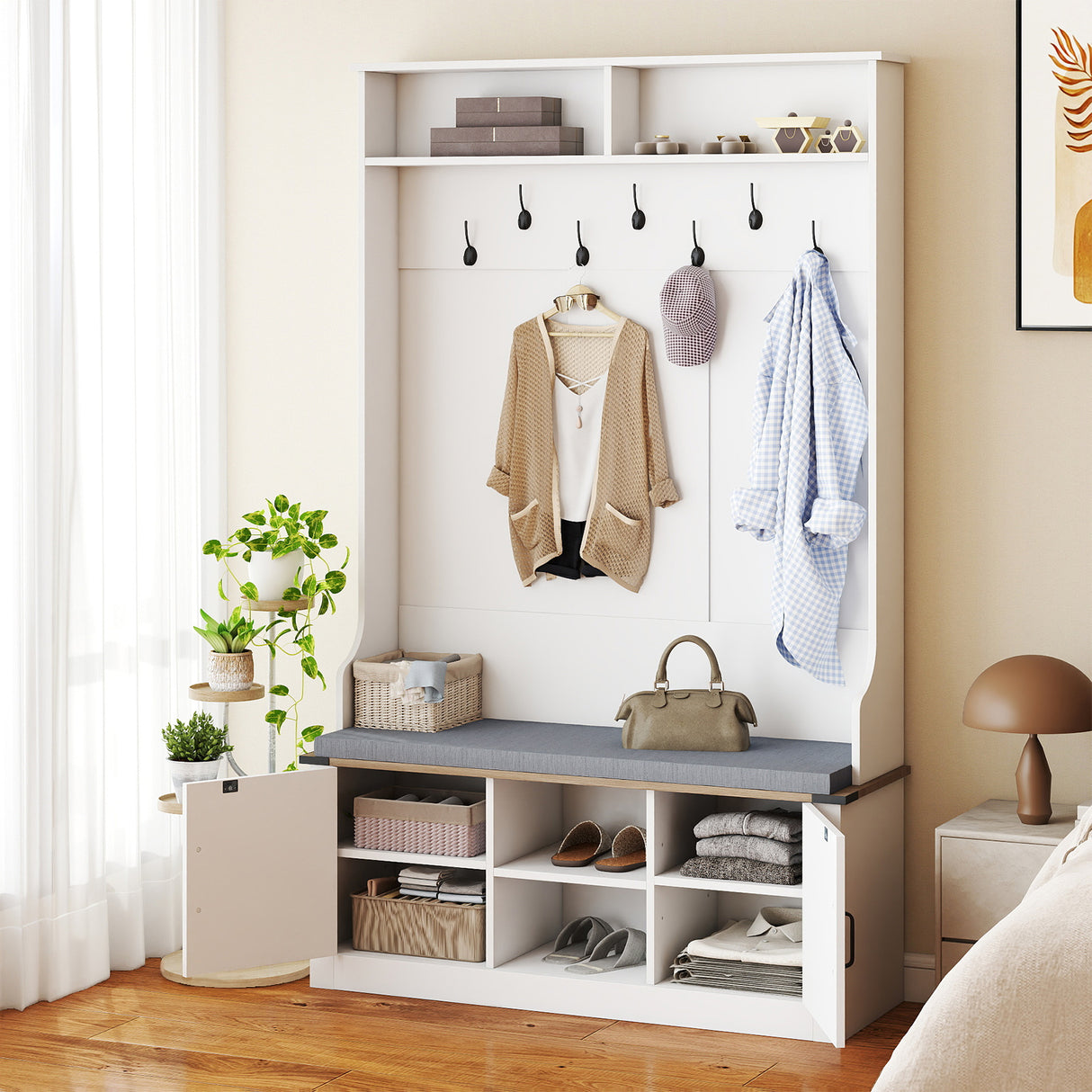 4-in-1 68.5 Inch Tall Coat Rack with Cushioned Bench and Shoe Storage-White