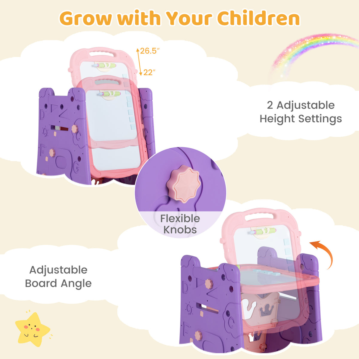 4 in 1 Art Easel for Kids with Double Sided Magnetic Board-Pink
