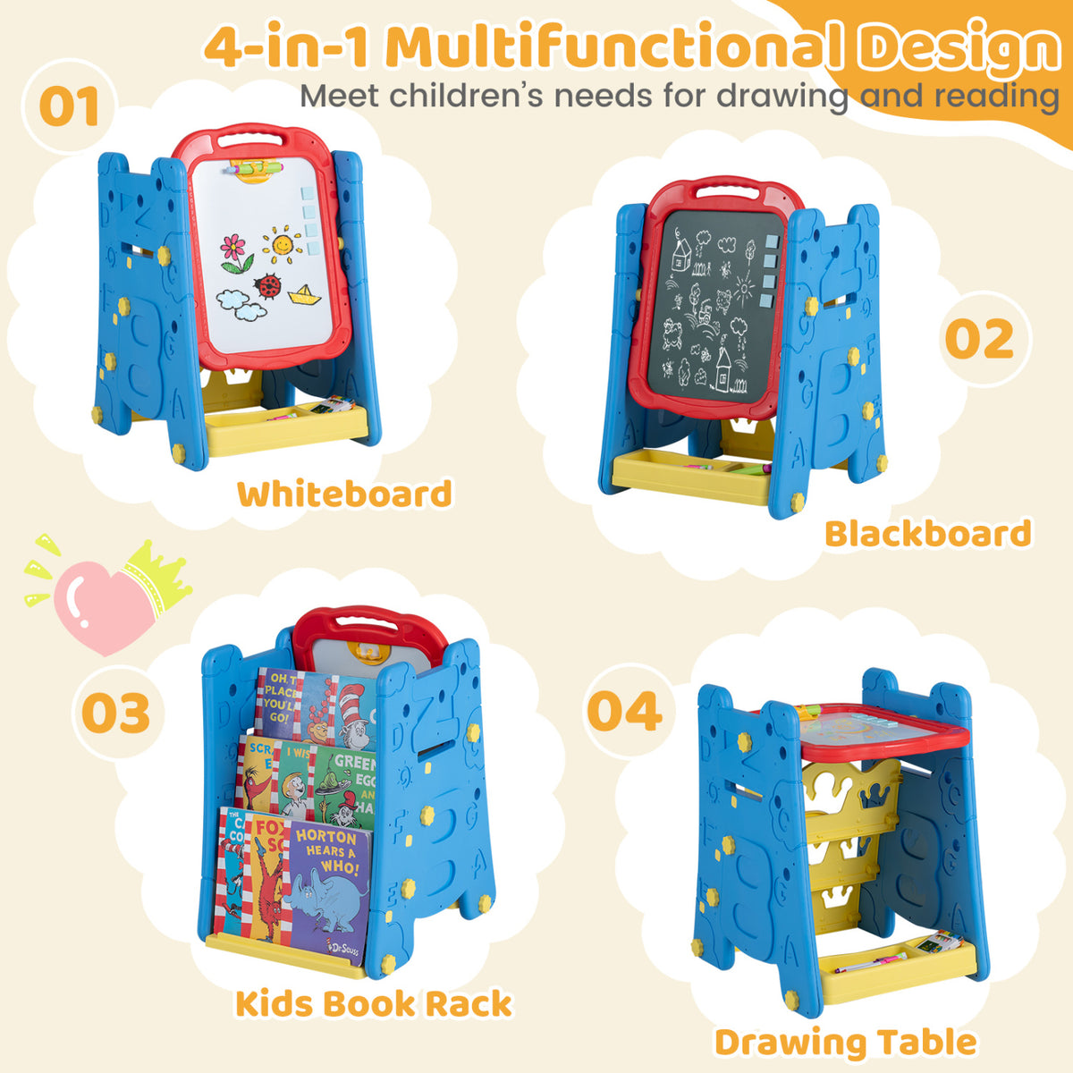 4 in 1 Art Easel for Kids with Double Sided Magnetic Board-Blue