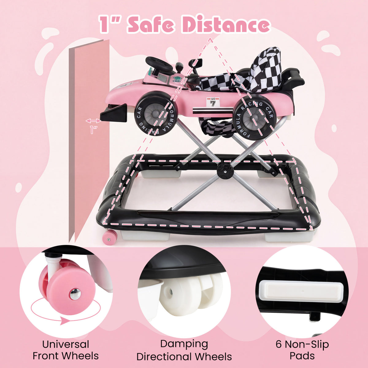 4-in-1 Baby Push Walker Activity Center Height Adjustable with Music Box-Pink