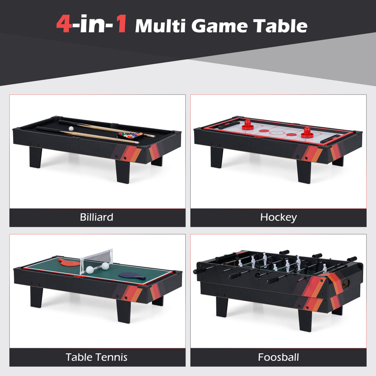 4 in 1 Combo Game Table Set with Billiards-Black