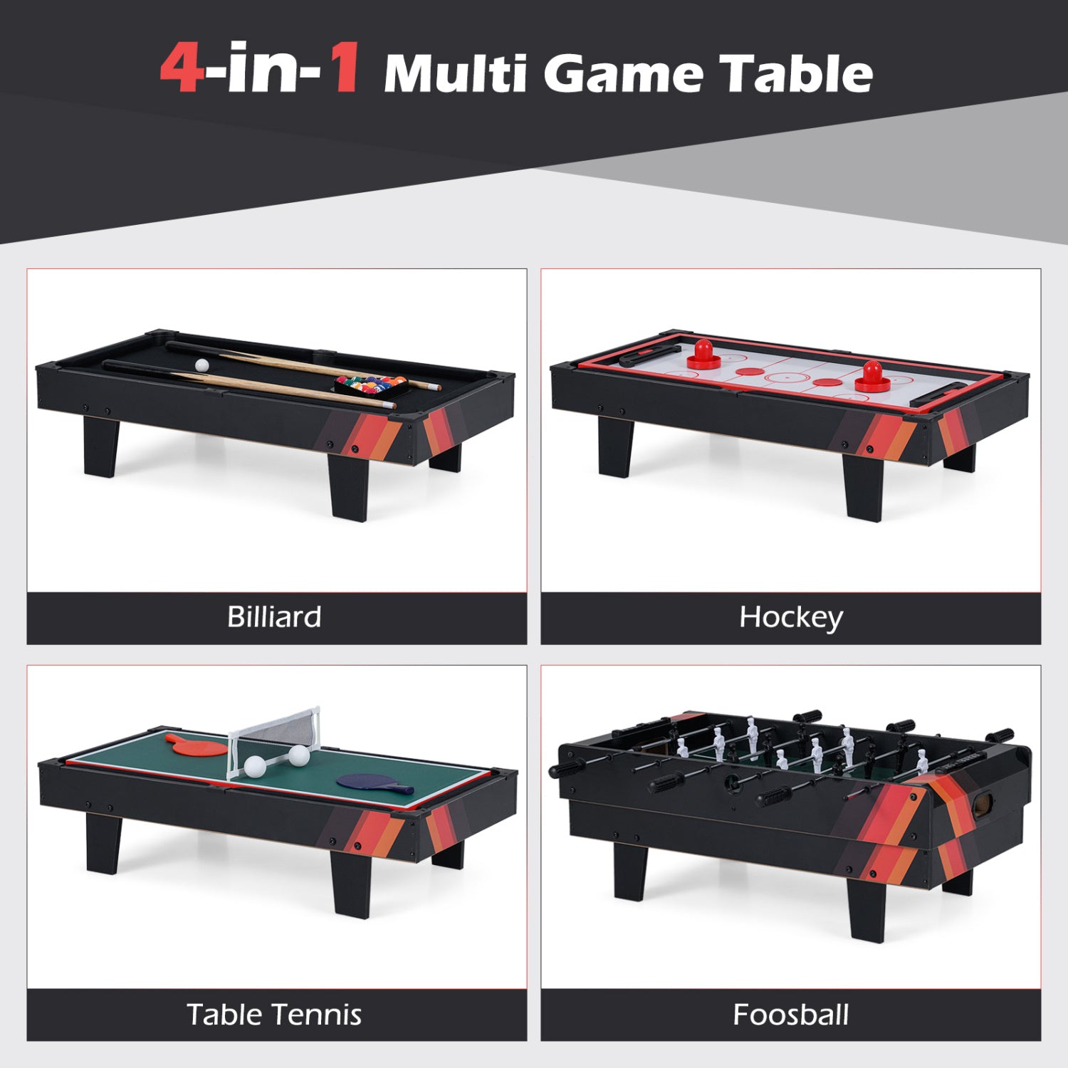 4 in 1 Combo Game Table Set with Billiards-Black