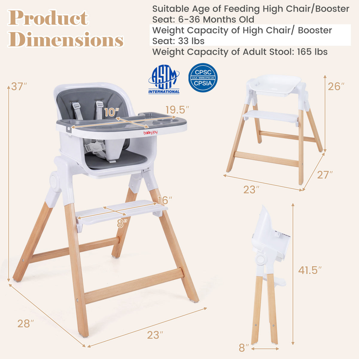 4-in-1 Convertible Baby High Chair with Detachable and Adjustable Tray-Gray