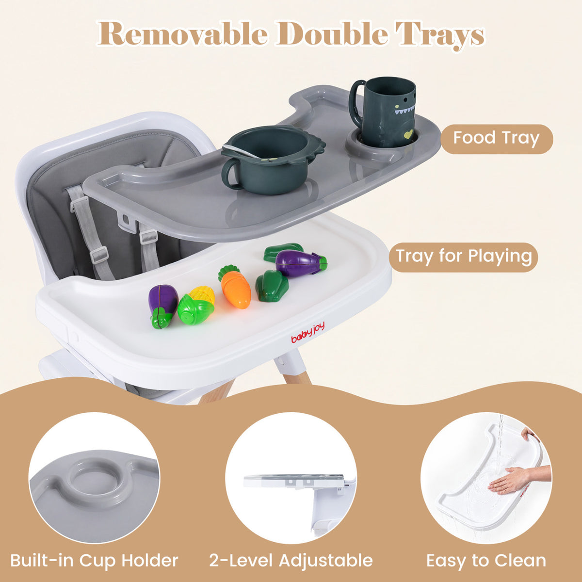 4-in-1 Convertible Baby High Chair with Detachable and Adjustable Tray-Gray