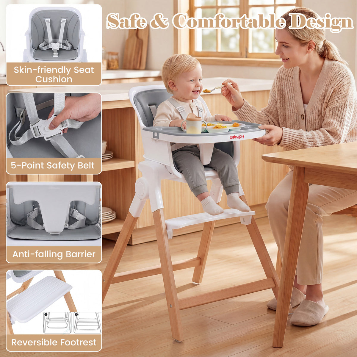 4-in-1 Convertible Baby High Chair with Detachable and Adjustable Tray-Gray