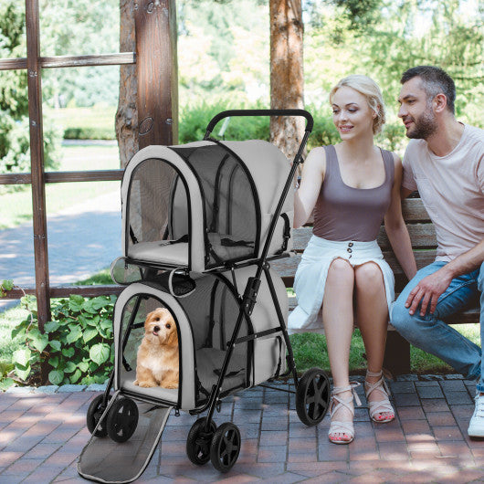 4-in-1 Double Pet Stroller with Detachable Carrier and Travel Carriage-Gray