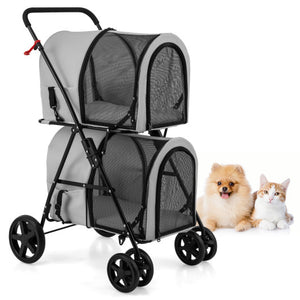 4-in-1 Double Pet Stroller with Detachable Carrier and Travel Carriage-Gray