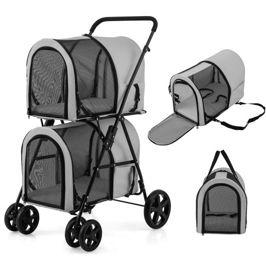 4-in-1 Double Pet Stroller with Detachable Carrier and Travel Carriage-Gray