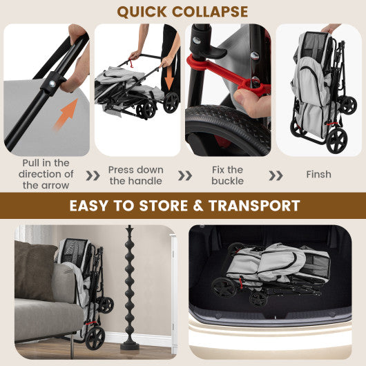 4-in-1 Double Pet Stroller with Detachable Carrier and Travel Carriage-Gray