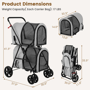 4-in-1 Double Pet Stroller with Detachable Carrier and Travel Carriage-Gray