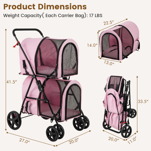 4-in-1 Double Pet Stroller with Detachable Carrier and Travel Carriage-Pink