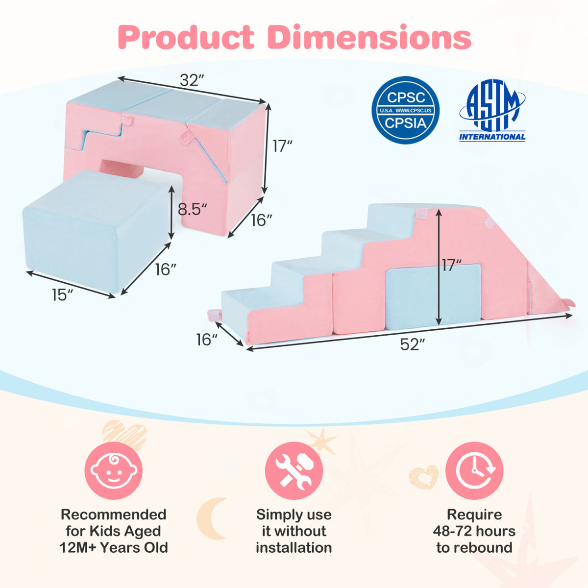 4-in-1 Foam Climbing Blocks Toddler Indoor Climb with Slide-Pink