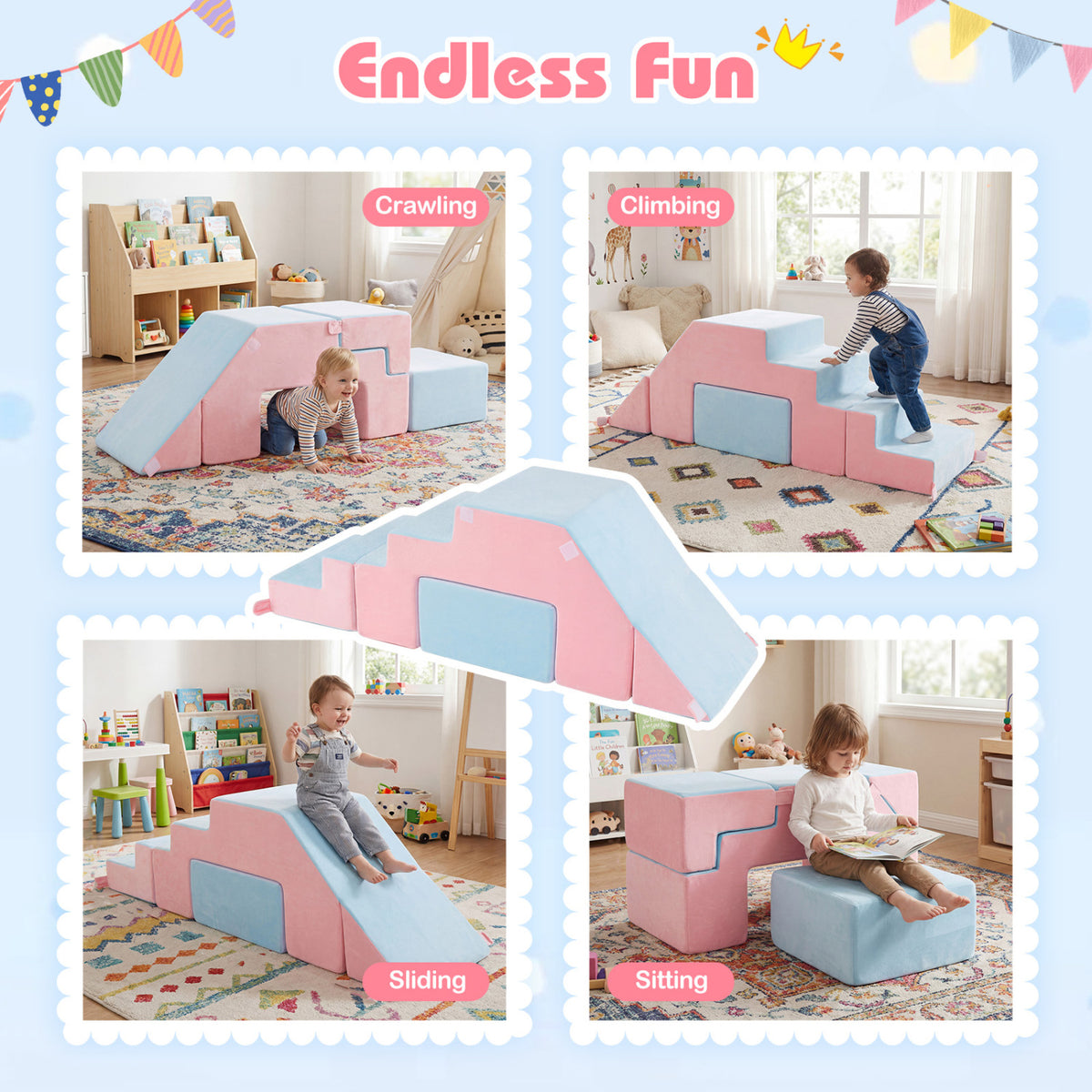 4-in-1 Foam Climbing Blocks Toddler Indoor Climb with Slide-Pink